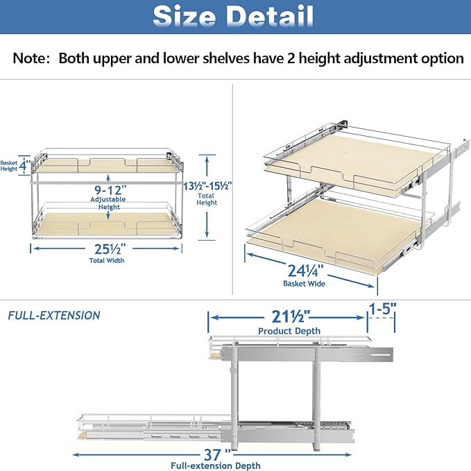 ROOMTEC 2 Tier Individual Pull Out Cabinet Organizer 25½"W x 21½"D, Slide Out - Image 3
