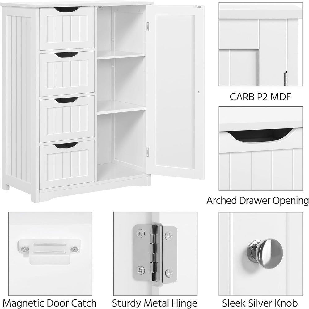 Yaheetech Bathroom Storage Cabinet with 4 Beadboard Drawers and Door, White