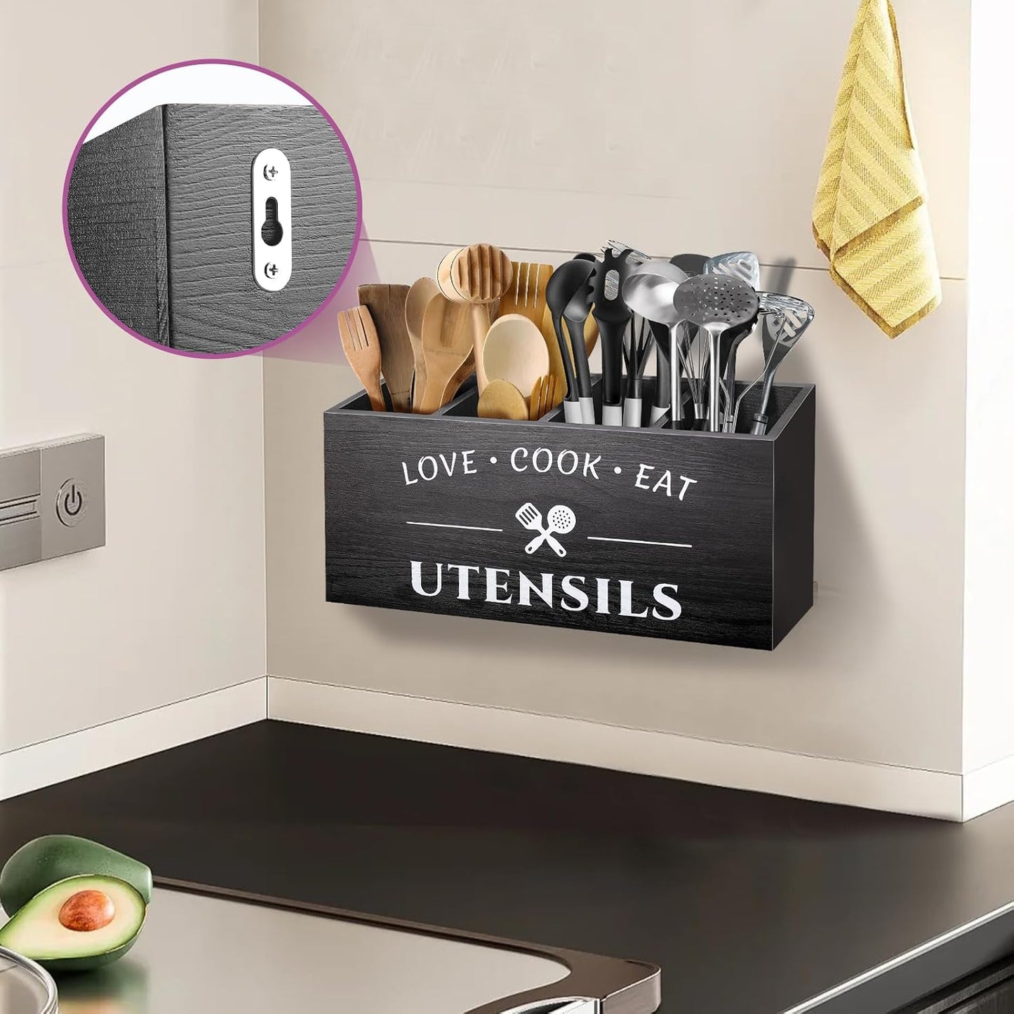 MINCORD Wooden Utensil Holder for Countertop | 4 Compartment Farmhouse Utensil Caddy & Flatware Organizer | Rustic Large Kitchen Wall Decor for Spoons, Forks, Parties