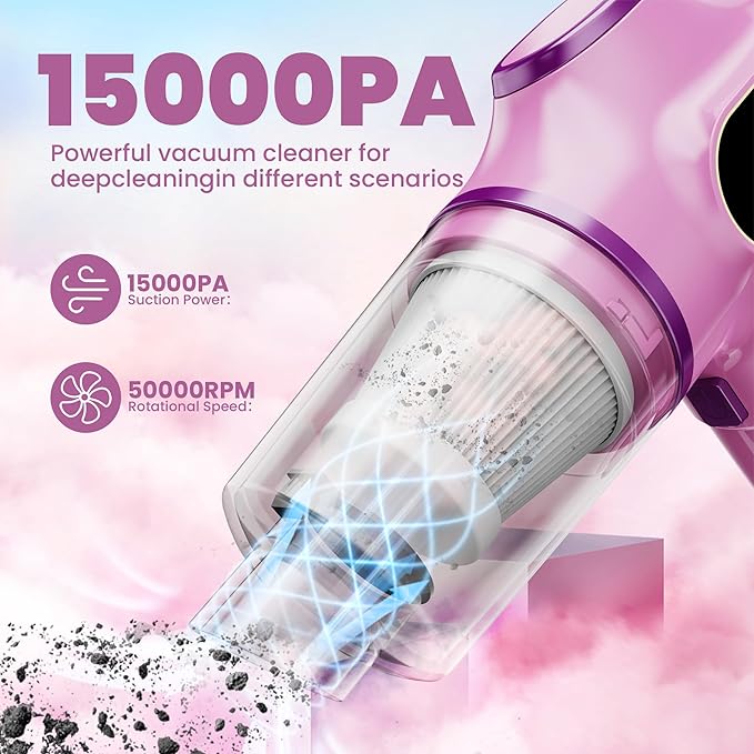 Women-Friendly Cordless Pink Car Vacuum Cleaner – 15000Pa Portable Mini - Image 4