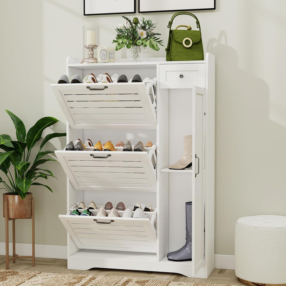 Shoe Storage Cabinet with 3 Flip Drawers, Freestanding Hidden Wooden Shoe Sto...