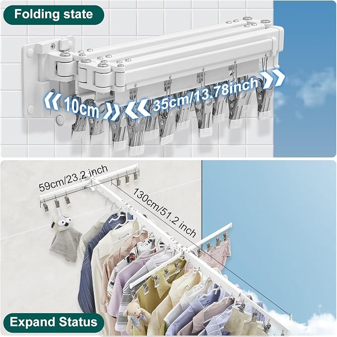 Hoimpro White 51" Clothes Drying Rack Retractable Foldable Wall Mounted - Image 3