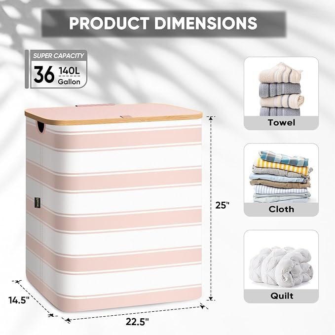 BALEINE Laundry Hamper with Lid, Tall Laundry Baskets with Bamboo Pull Handles - Image 4