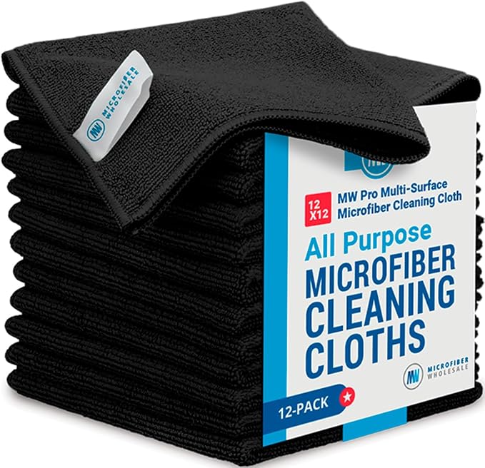 12" x 12" Pro Multi-Surface Microfiber Cleaning Cloths | Black by MicrofiberWholesale