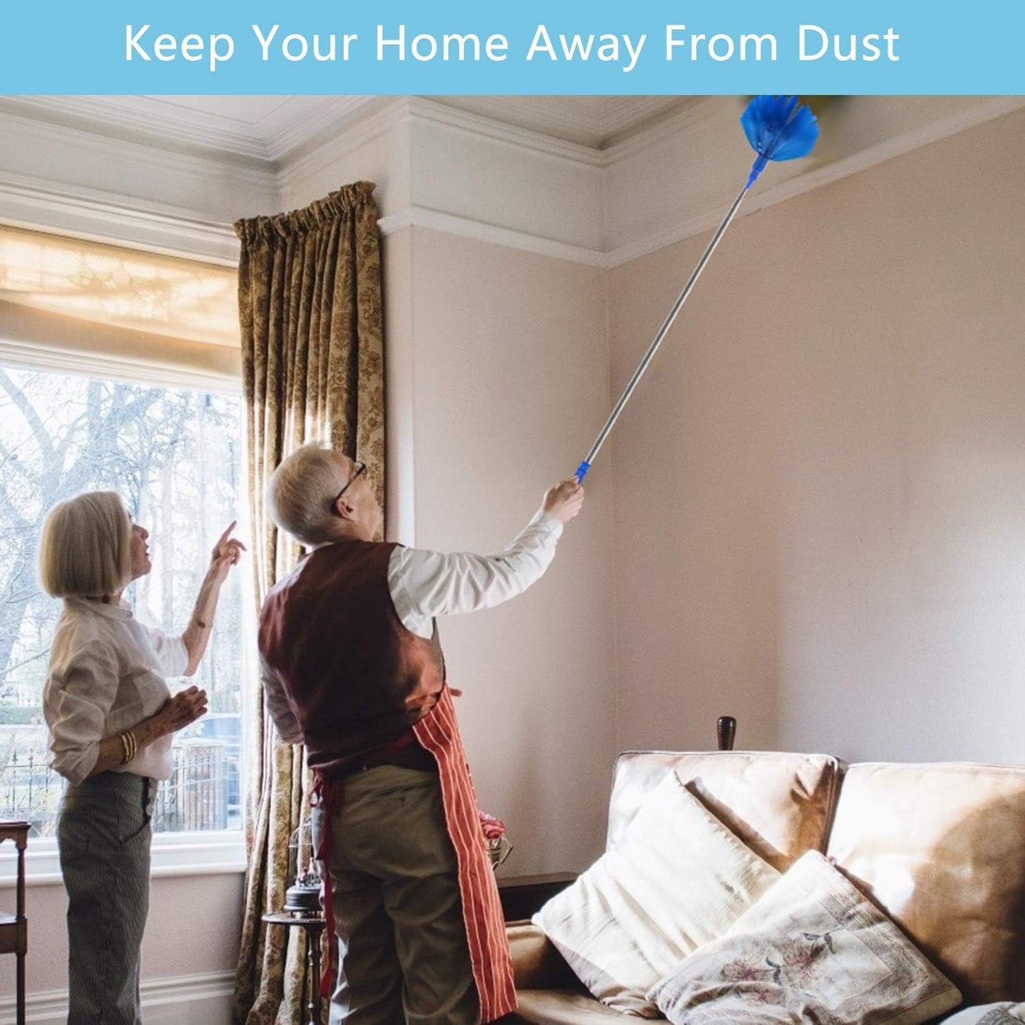 Buysenton Cobweb Duster with Extension Pole, Washable Cleaning Duster Kit with 3 Duster Heads, Cobweb Duster, Corner Brush, 15-100 Inch Long Aluminum Telescoping Pole for Ceiling Fan (Blue)
