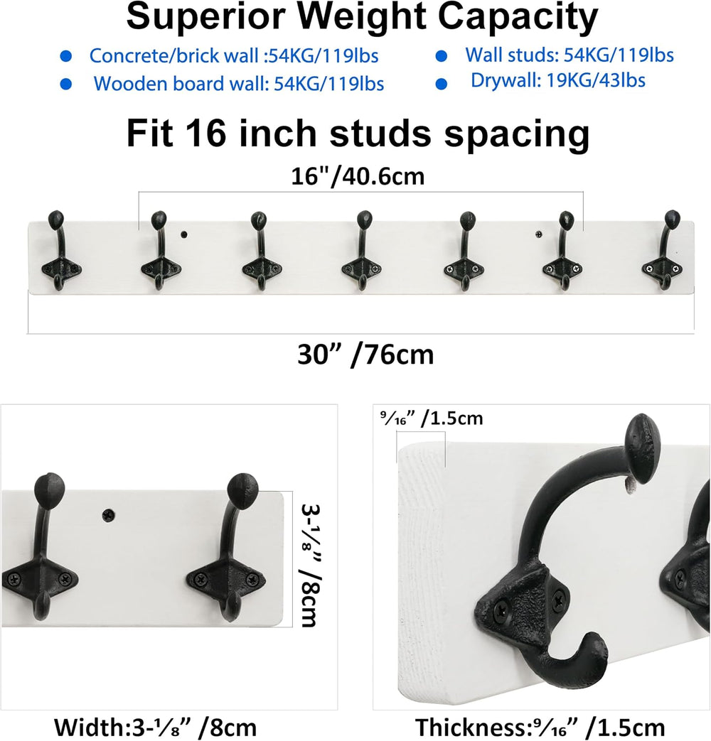 WEBI Rustic Coat Rack Wall Mount,30" Long 7 Cast Iron Coat Hooks Wall Mo...