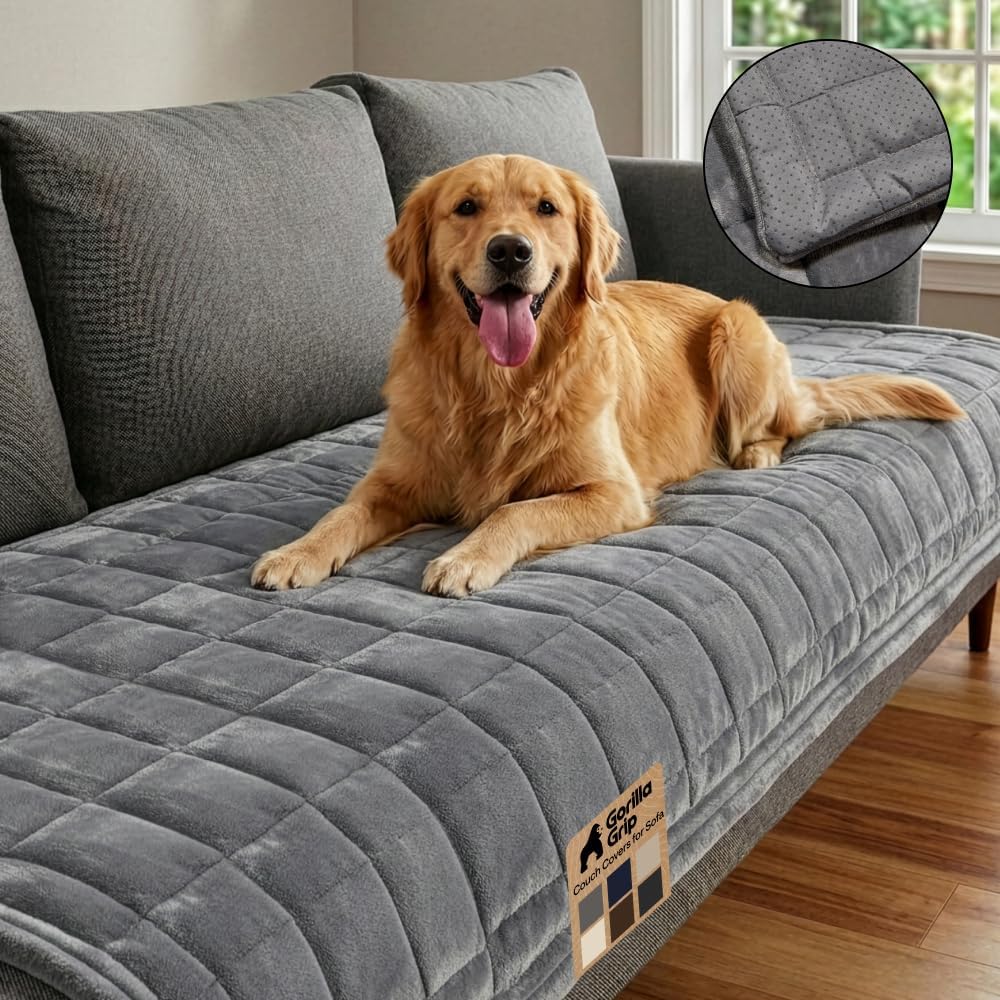 GORILLA GRIP Slip and Leak Resistant Plush Quilted Oversized Sofa Cushion Cover Blanket, Soft Couch Covers for Sofa Dogs, Machine Washable Furniture Protector Pet Friendly Couches, Gray, 78x28 Inches