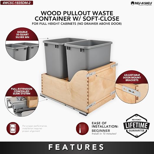 Rev-A-Shelf Pullout Trash Cans for Kitchen Cabinet, Dual 35 Qt Bins - Image 4