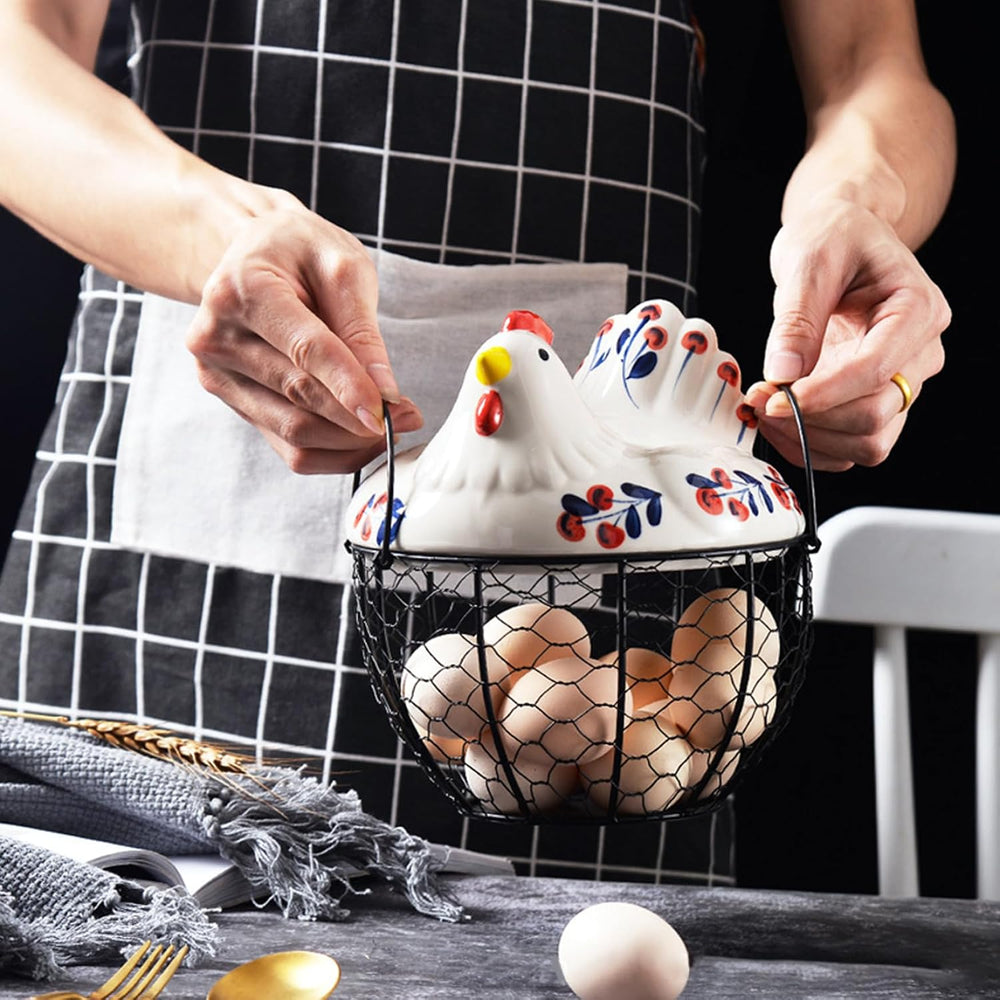 Ceramic Egg Holder, Hollow-Out Wire Chicken Egg Holder with Chicken Shaped Li...