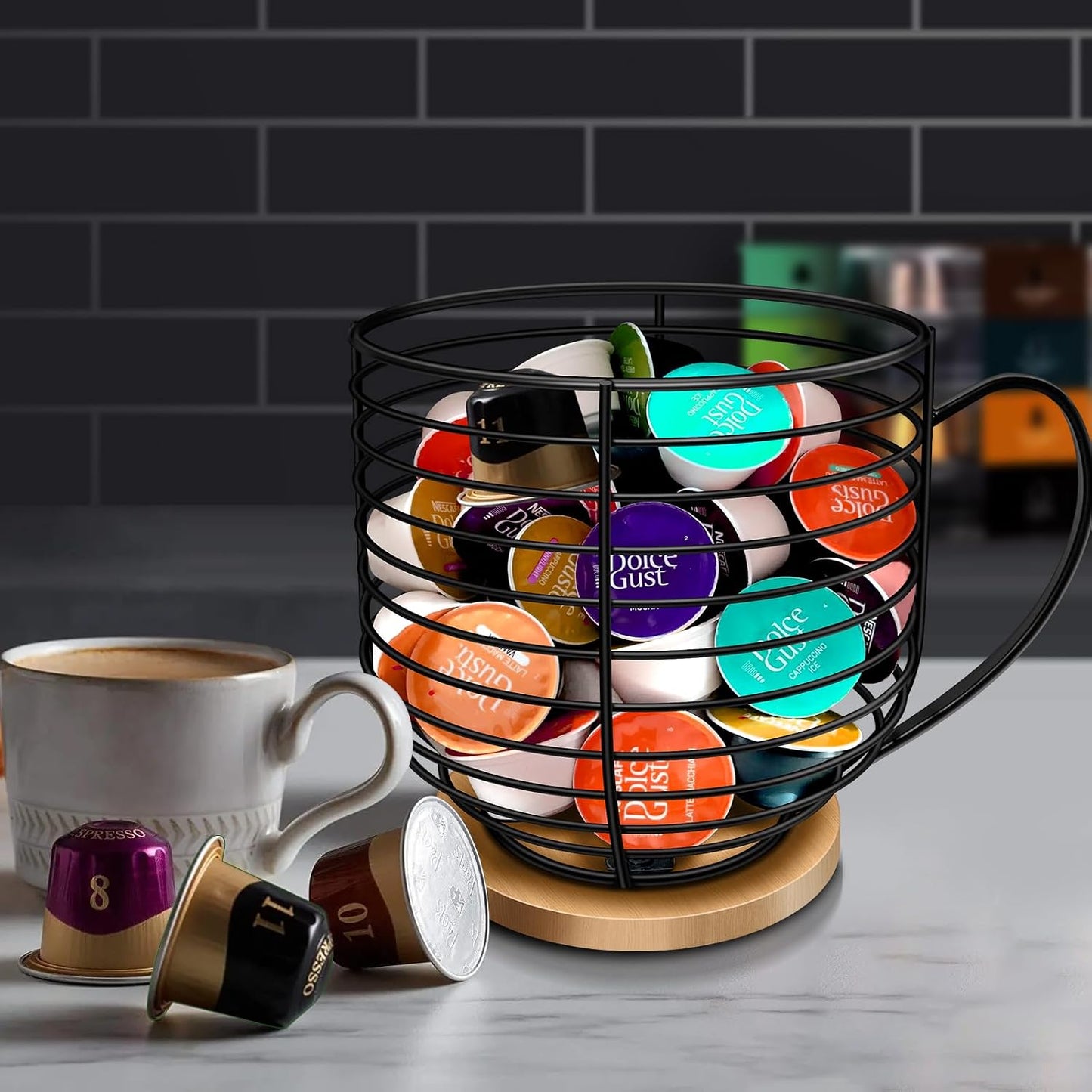 BYTEAIDREX Coffee Pod Holders for Counter - K Cup Holders for Counter - Coffee Pods Storage Organizer - Bar Accessories - Large Capacity Black Wire Kup Storage with Wooden Base.