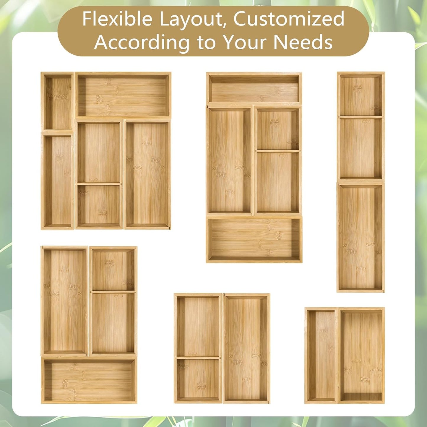 5 Pack Bamboo Drawer Organizer Set, Multi-Use Junk Drawer Organizer for Bathroom, Kitchen, Office, Jewelry, Makeup