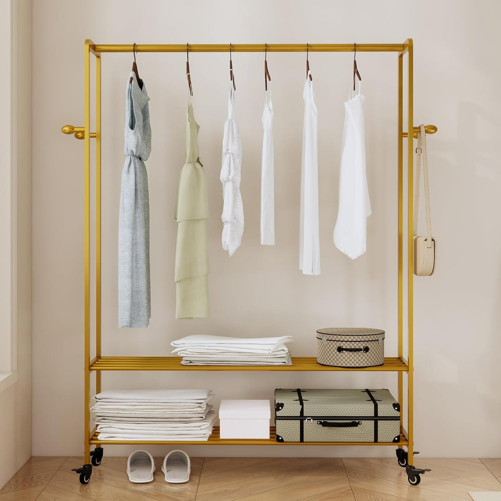 Gold Rolling Garment Rack with Shelves and Hooks,Freestanding Metal Clothing ...