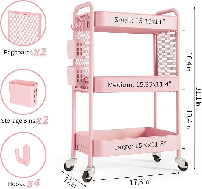 TOOLF 3 Tier Rolling Cart Storage Organizer, Metal Rolling Utility Cart - Image 5