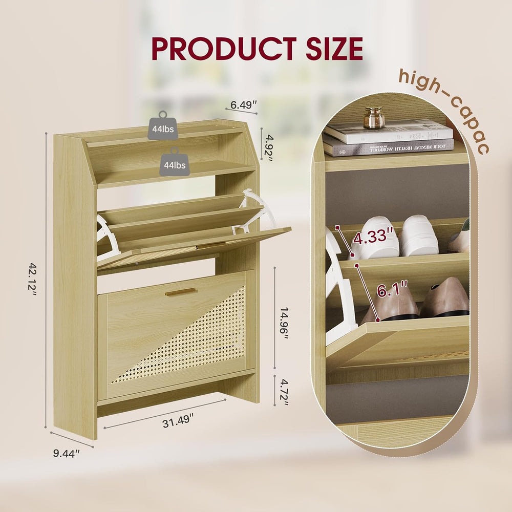 Rattan Shoe Storage Cabinet with 2 Flip Drawers, Wooden Shoe Cabinet with Adj...