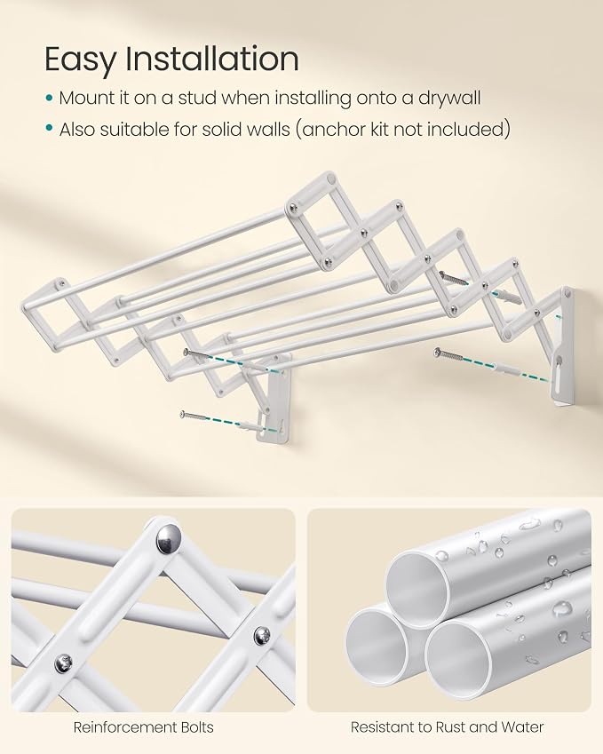 SONGMICS Clothes Drying Rack, Wall-Mounted Drying Rack Clothing, Accordion - Image 6