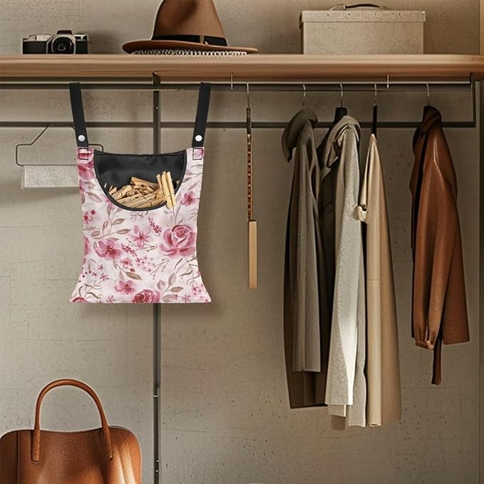 Pink Flowers Clothespin Bag Laundry Hanging Storage Organizer Clothes Pin - Image 5