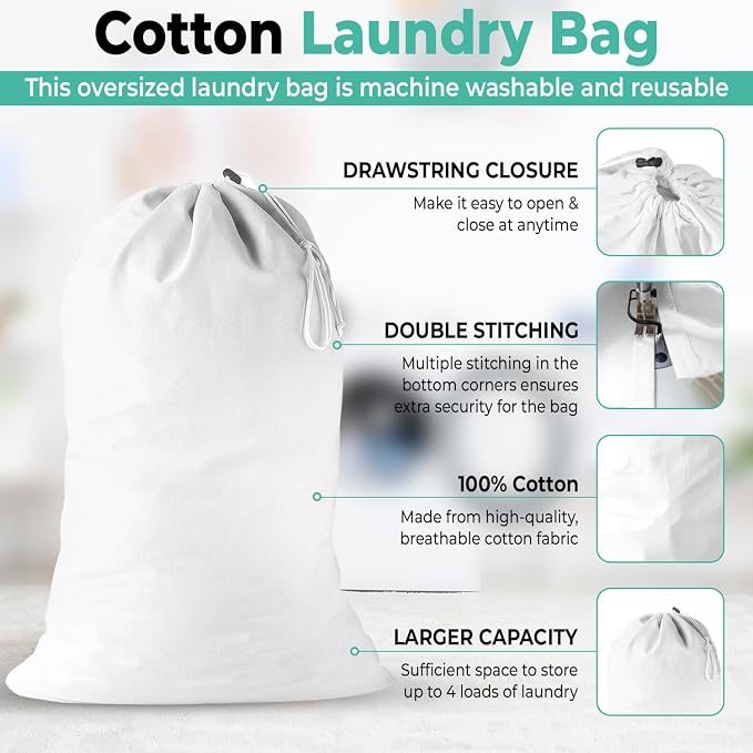 2 Pack - Extra Large Cotton Laundry Bag, Heavy Duty Large Laundry Bags 24 x 36 - Image 5