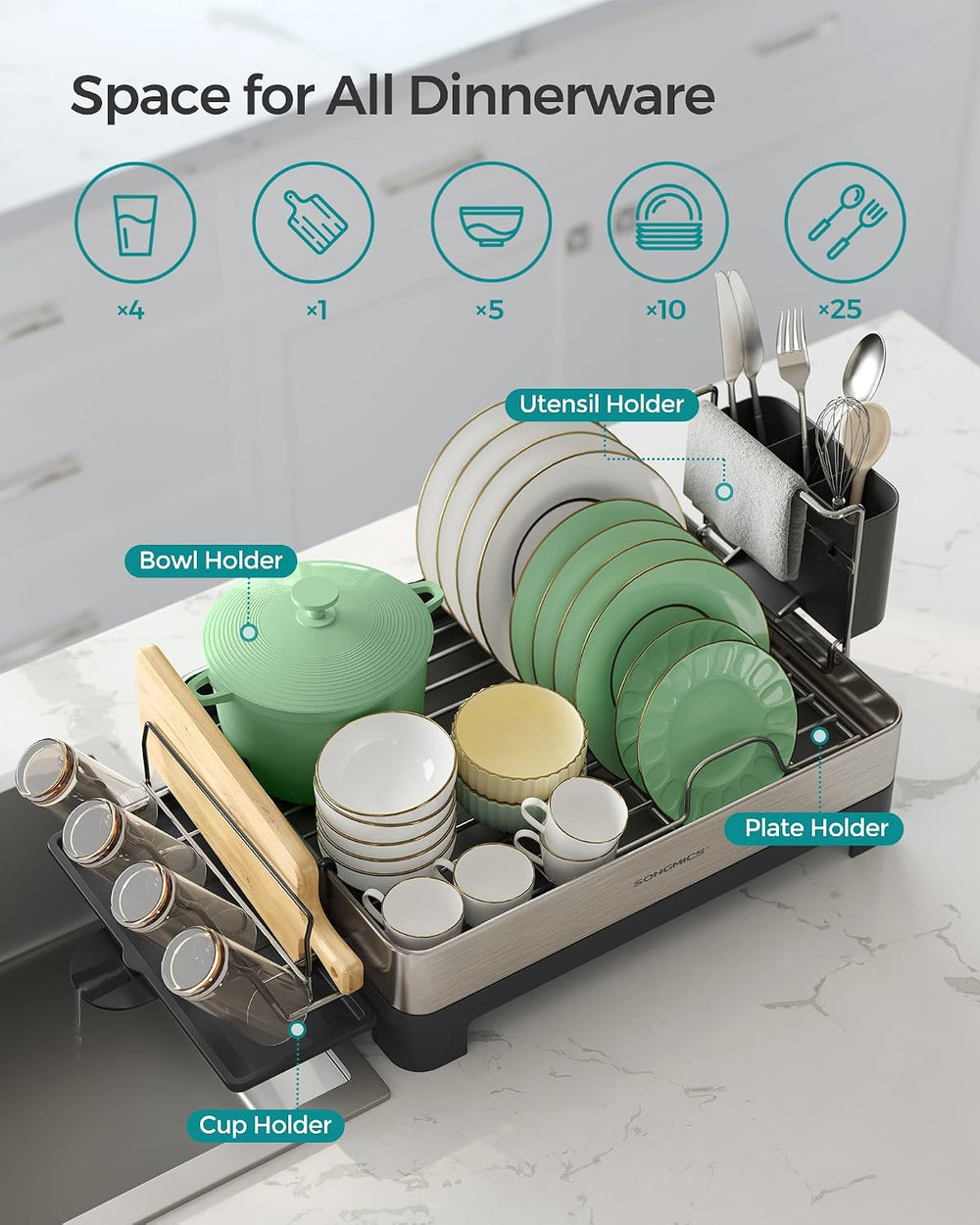 SONGMICS Dish Drying Rack, Stainless Steel, Extendable Spout