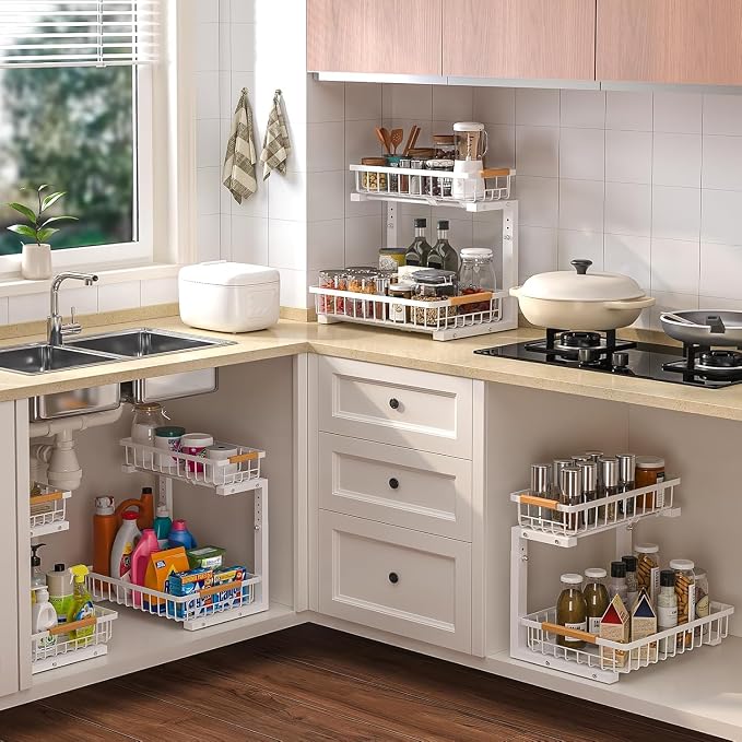 Under Sink Organizer Storage 1 pack, 2 Tier Slide Out Height Adjustable Pull - Image 7