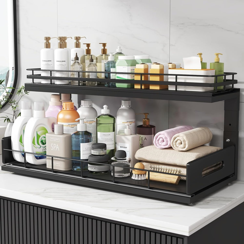 Under Sink Organizer Upgrade To Professional Rails,2-Tier Dual Pull Out Cabin...