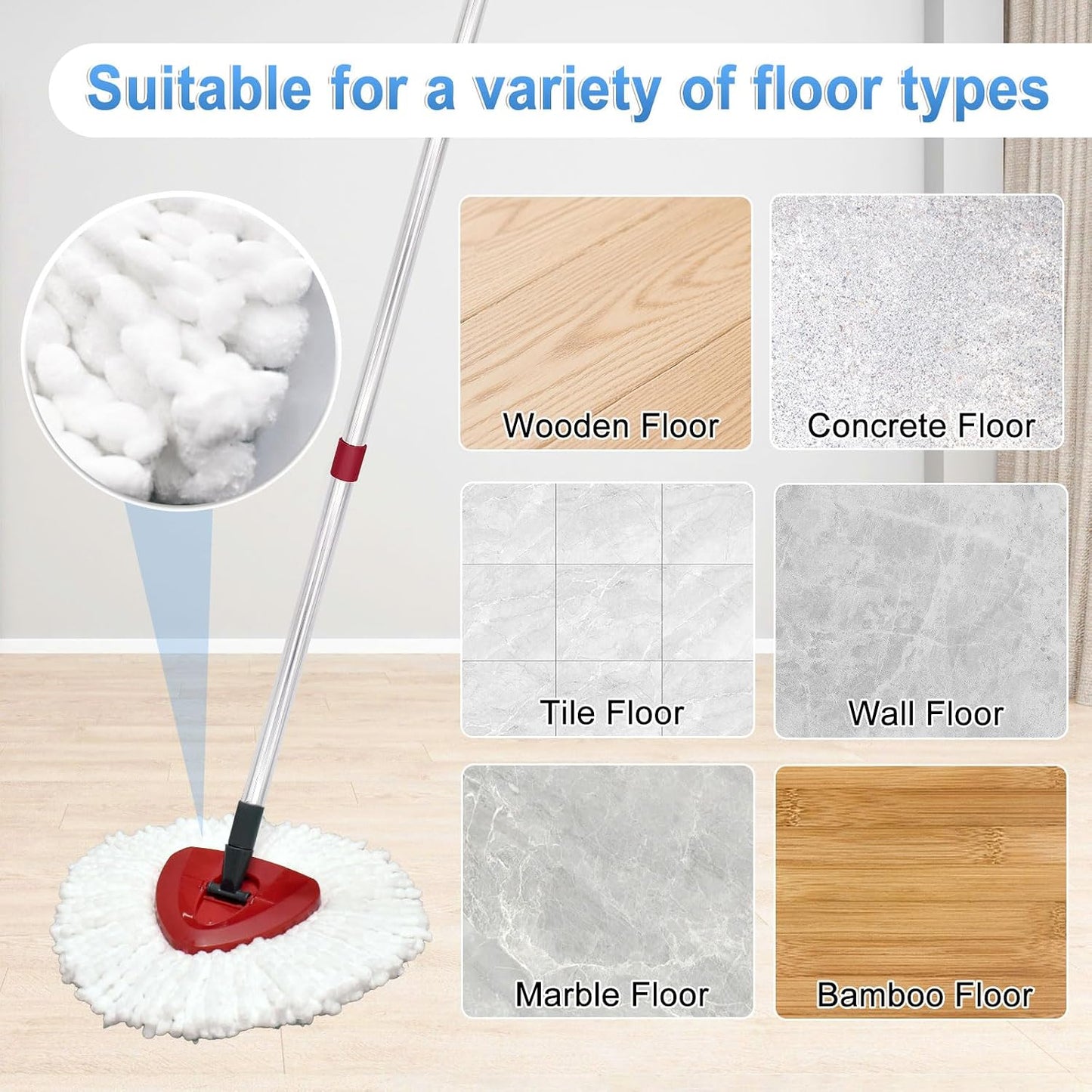 2PCS Mop Heads Replacements, Mop Handle for O Cedar,1 Spin Base for Ocedar, Mop Stick Pole Handle Adjustable 30-58" and Replacement Base Part for Cleaning