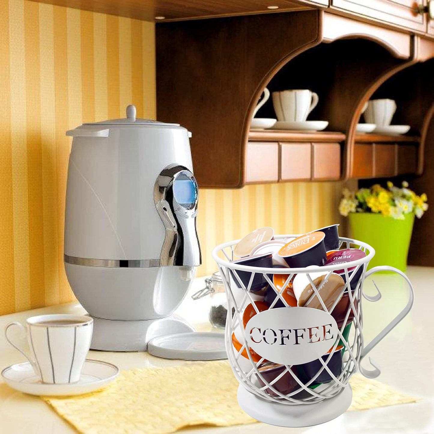 Coffee Pod Holder Mug Shape Multi Use K Cup Holder Coffee Station organizer Storage Wire Basket Food Storage for Counter Coffee Bar White