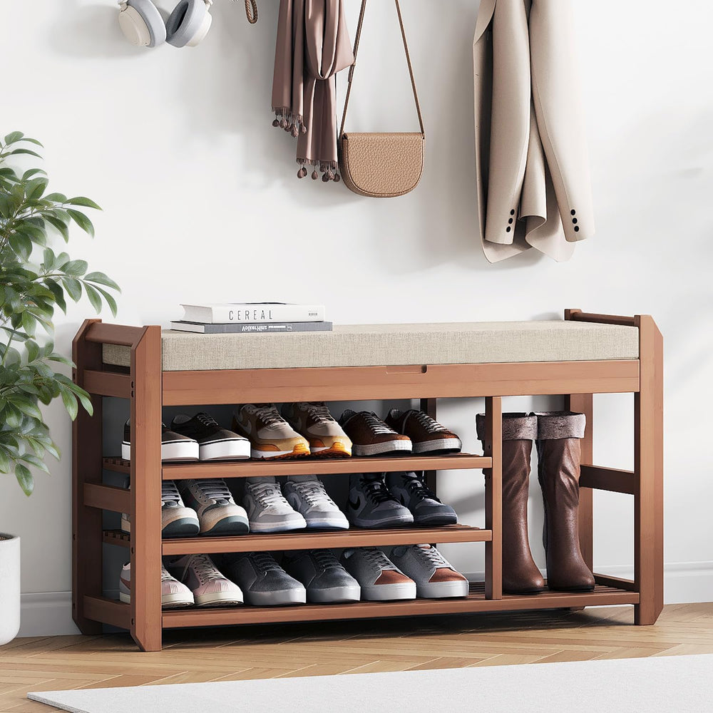 39.4" Entryway Shoe Rack Bench with Cushion, 3-Tier Storage Bench