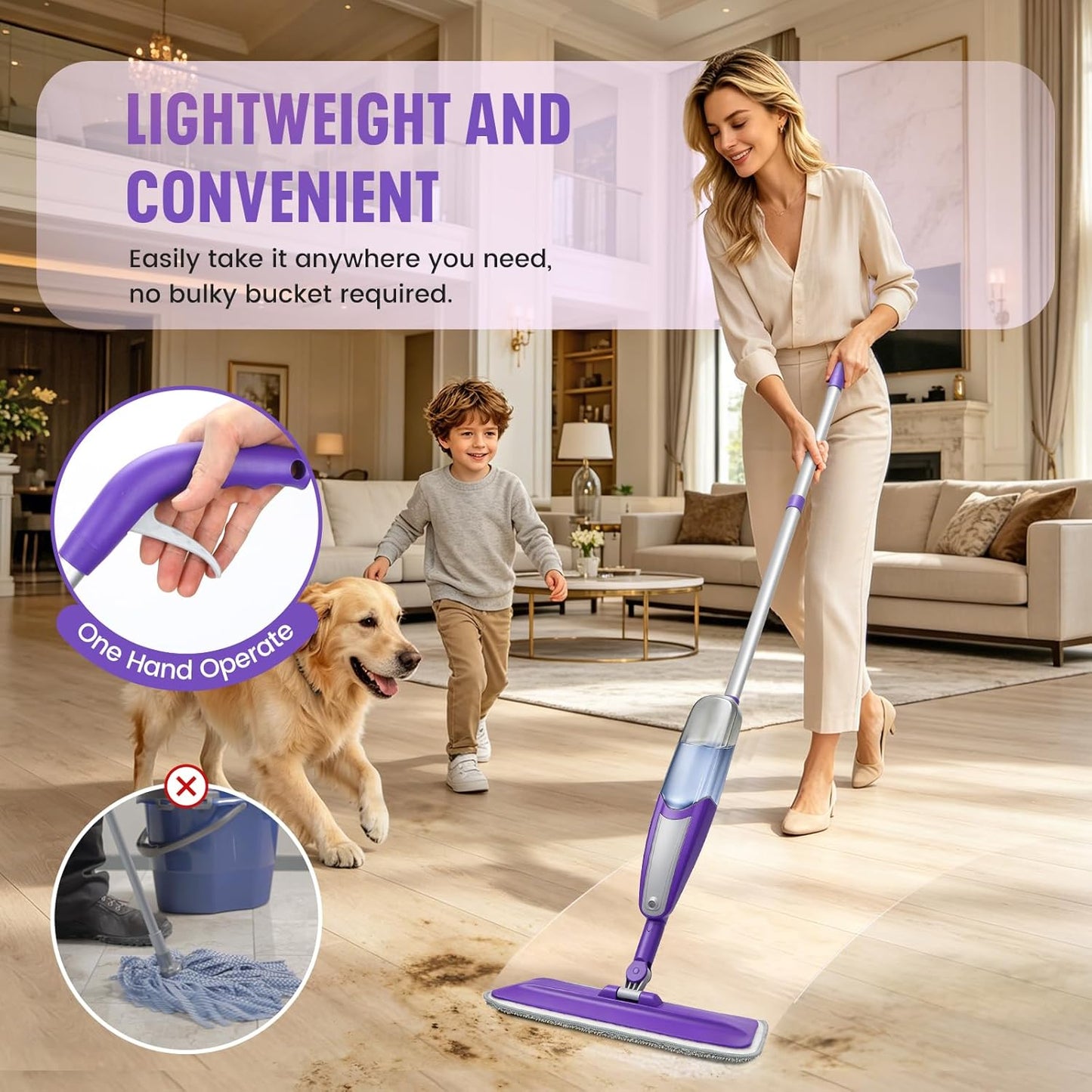 Spray Mop for Hardwood Floors Cleaning with 3 Washable Pads, Microfiber Wet Mops with Sprayer for Home Kitchen Tile Wood Vinyl Laminate,16.9 oz Refillable Bottle, Purple