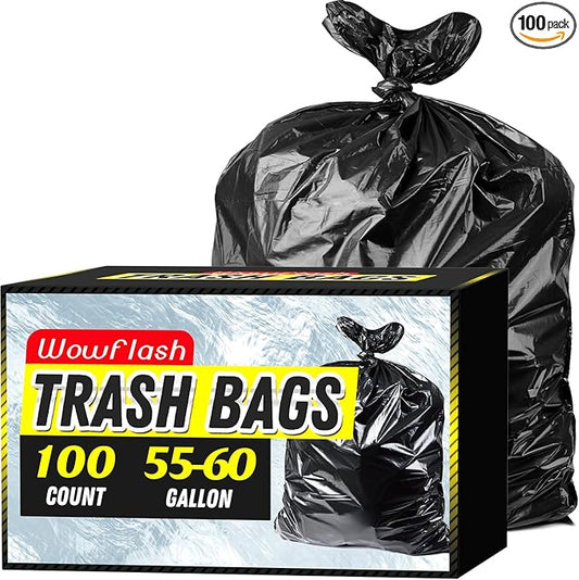 100 Count 55-60 Gallon Trash Bags, Sturdy & Tear-Resistant Commercial Can by Wowflash