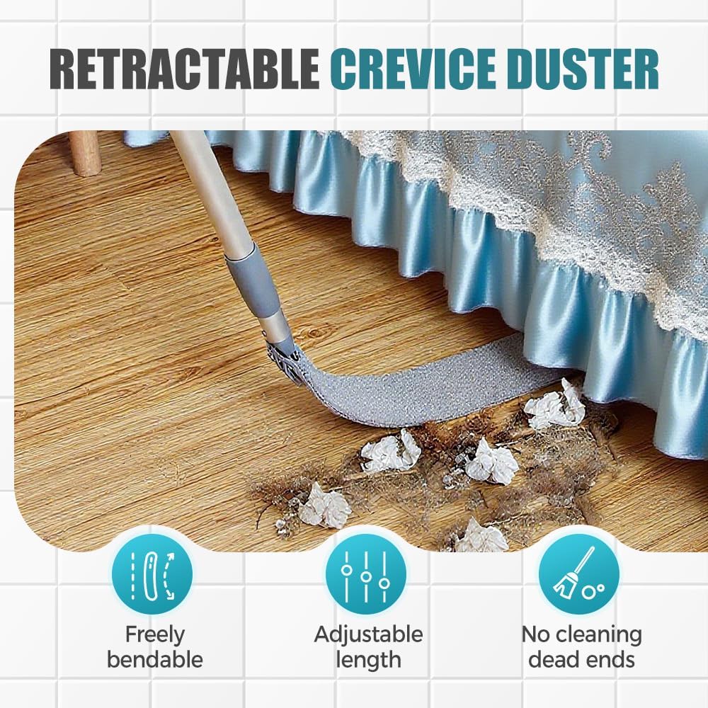 Retractable Gap Dust Cleaner with 3 Microfiber Cloths, Extendable Long Handle 39.4 to 55.6 Inches, Washable Bendable Duster Brush for Cleaning Under Appliances Furniture Couch Fridge (Blue, 1 Cloth)