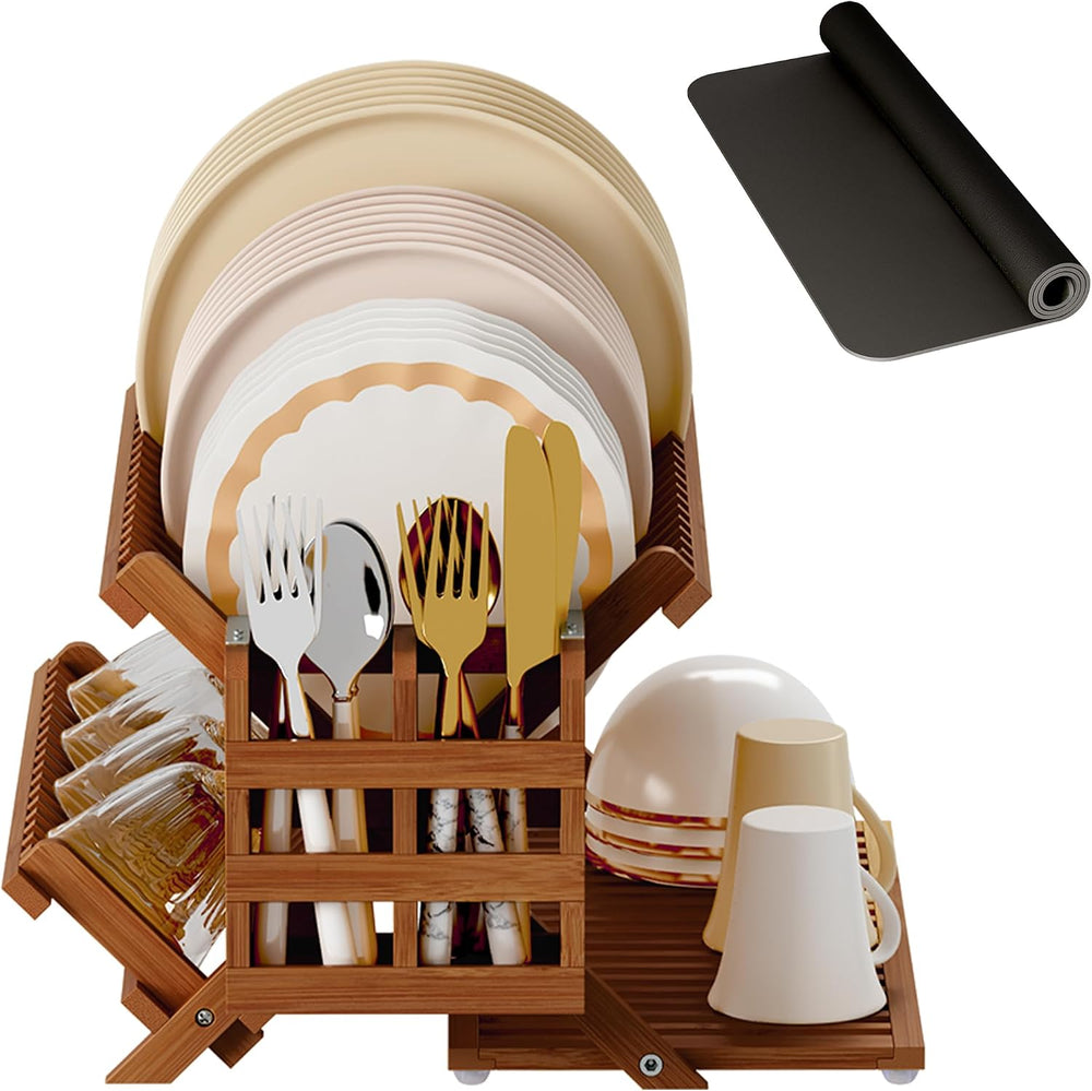 Greenual Teak Dish Drying Rack with Utensil Holder, 3 Tier Collapsible Dish R...