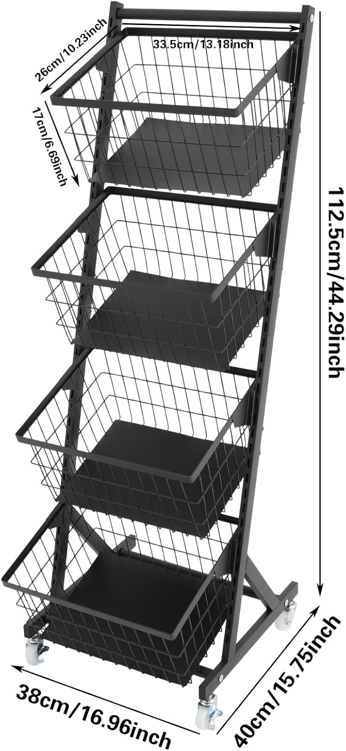 4-Tier Kitchen Storage Cart with 4 Baskets and Wheels, Black