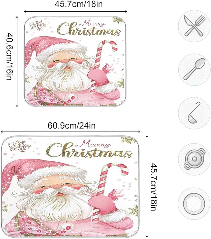 Christmas Santa Claus Pink Dish Drying Mat - Image 3