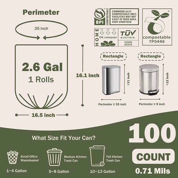 Compostable Trash Bags, 2.6 Gallon, 100% Compost Waste Bags - Image 6