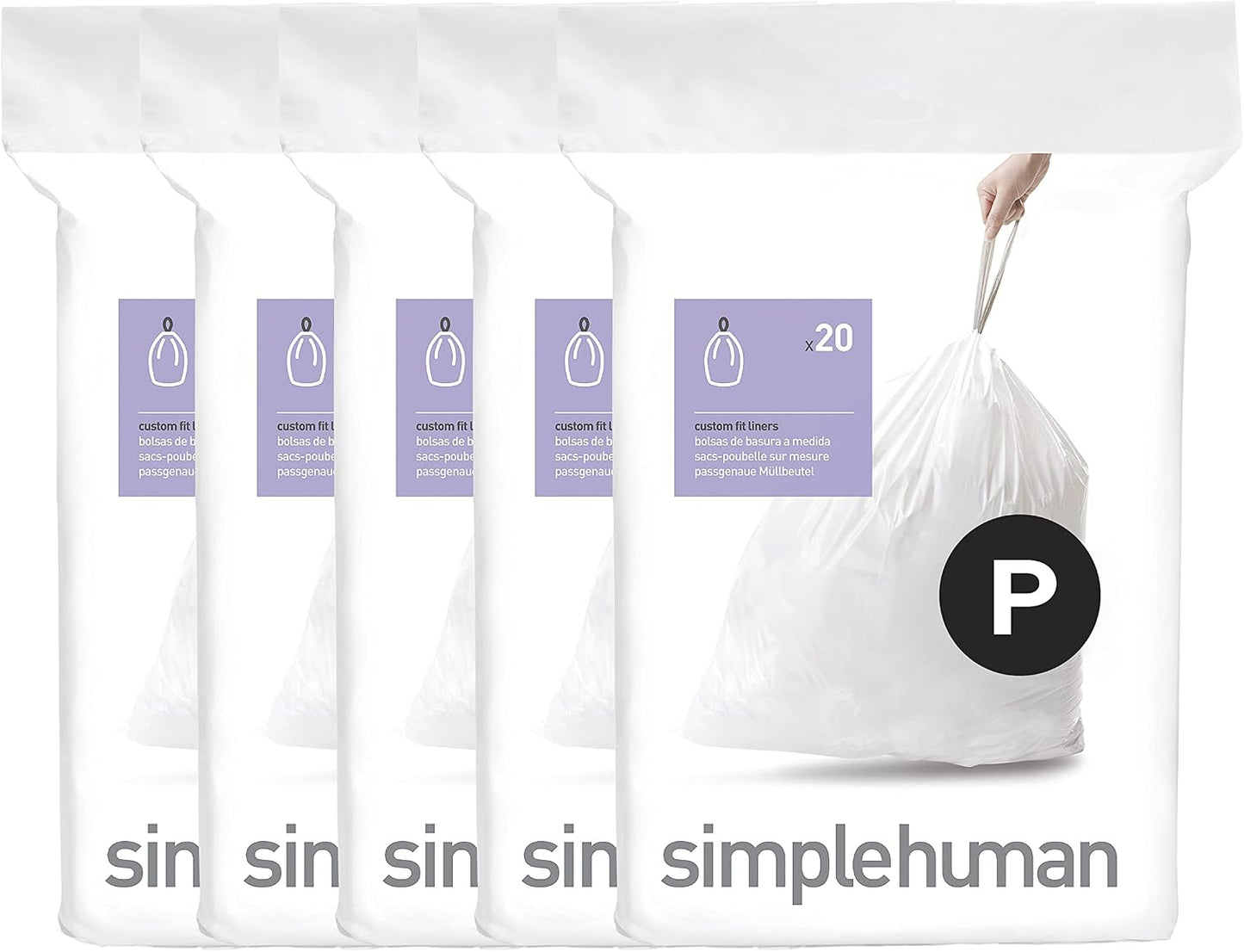 simplehuman Code P 100 Count Custom Fit Liners, Drawstring Kitchen Trash Bags, One-by-One Mess-Free Dispense, Extra Thick & Double Seamed, 50% PCR Plastic, 50-60 Liter / 13-16 Gallon, White