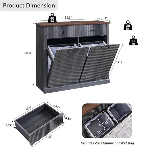 Modern Double Tilt-Out Trash Cabinet, 20 Gallon Fluted Laundry Hamper Cabinet - Image 2