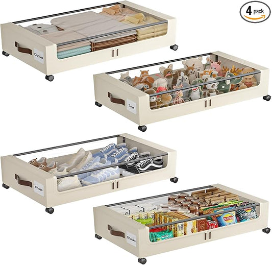 Under Bed Storage with Wheels, 4 Pack Under Bed Storage Containers with Clear by Gofujuco