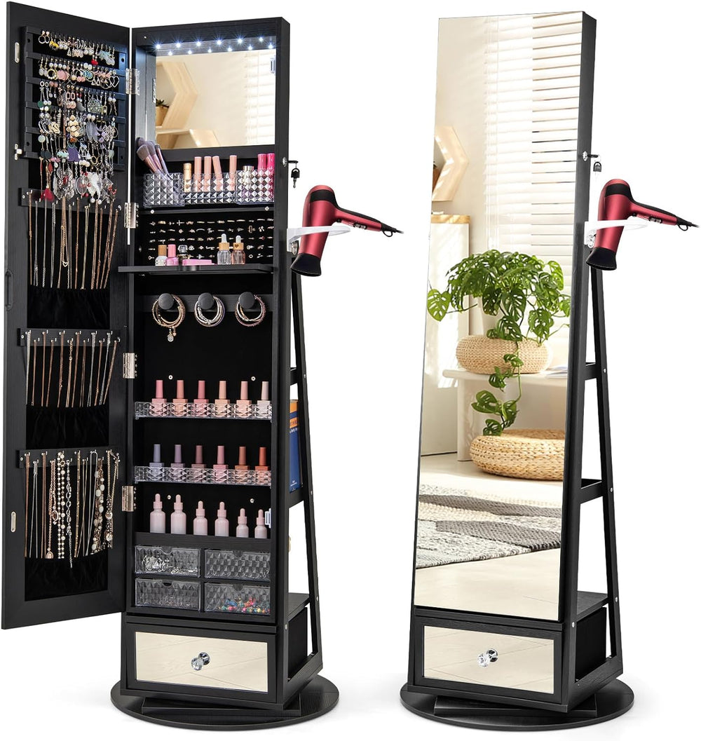 GOFLAME 360 Rotating Jewelry Cabinet with Full Length Mirror, Standing LED Je...