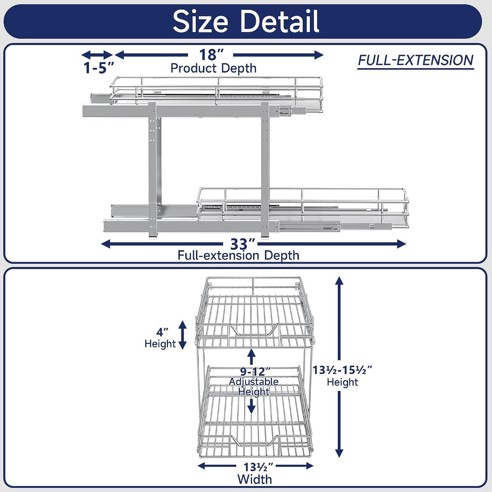 2-Tier Pull Out Cabinet Organizer, 13.5" W x 21.5" D, Heavy Duty Du...
