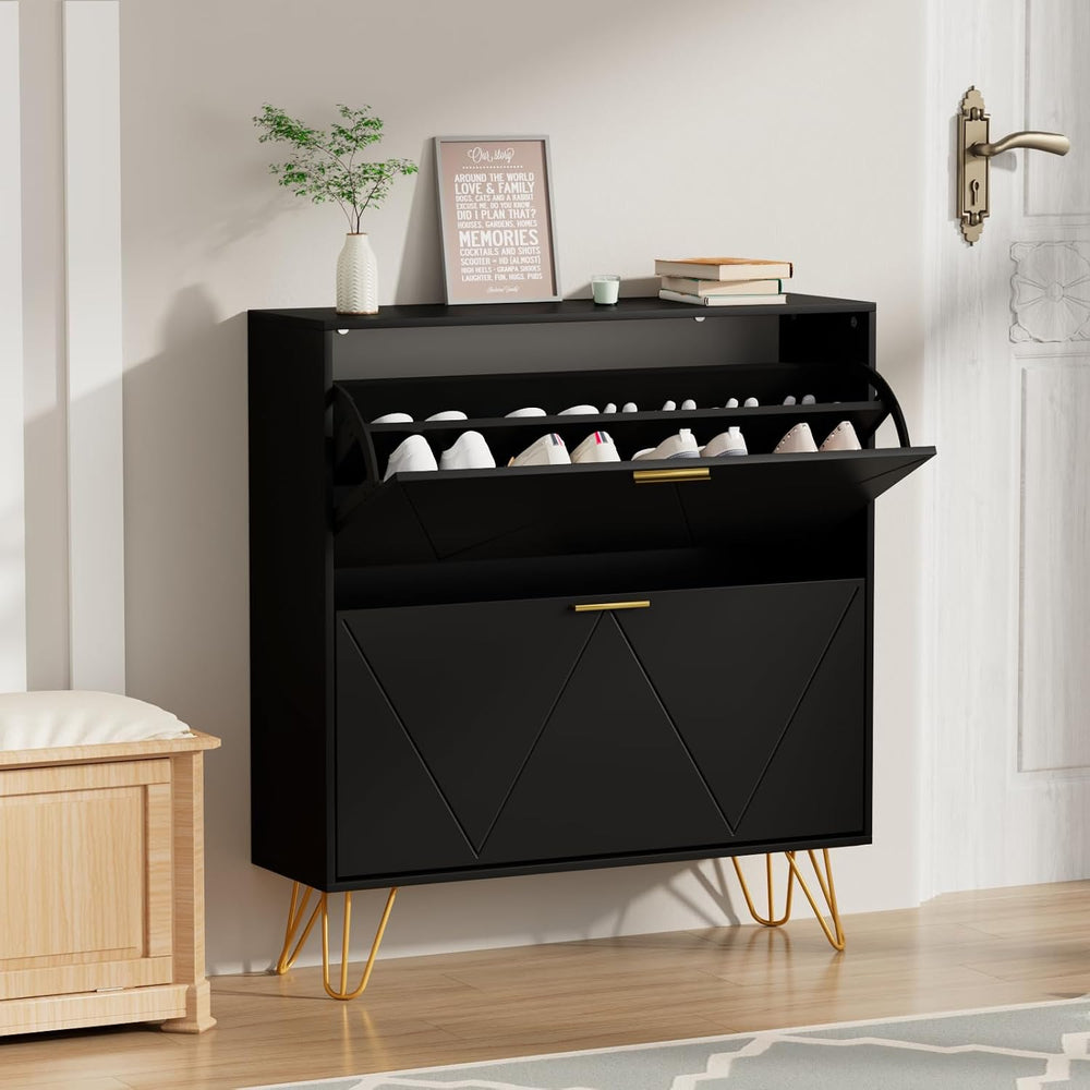 CARPETNAL Shoe Cabinet for Entryway Slim, Black Shoe Storage Cabinet with 2 F...