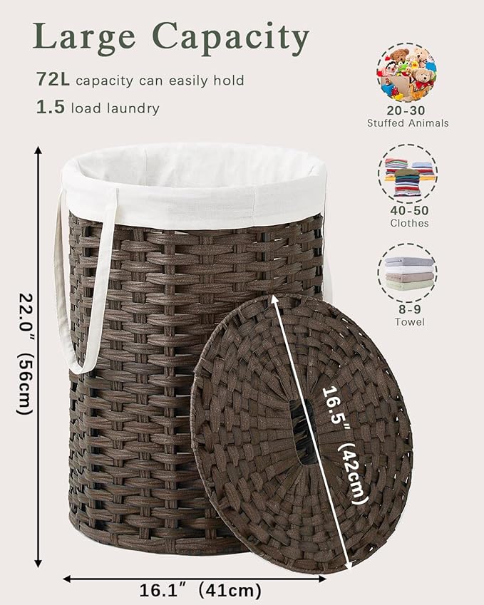 Laundry Hamper with Lid, 19.0 Gal Round Wicker Laundry Basket, Handwoven Rattan - Image 4