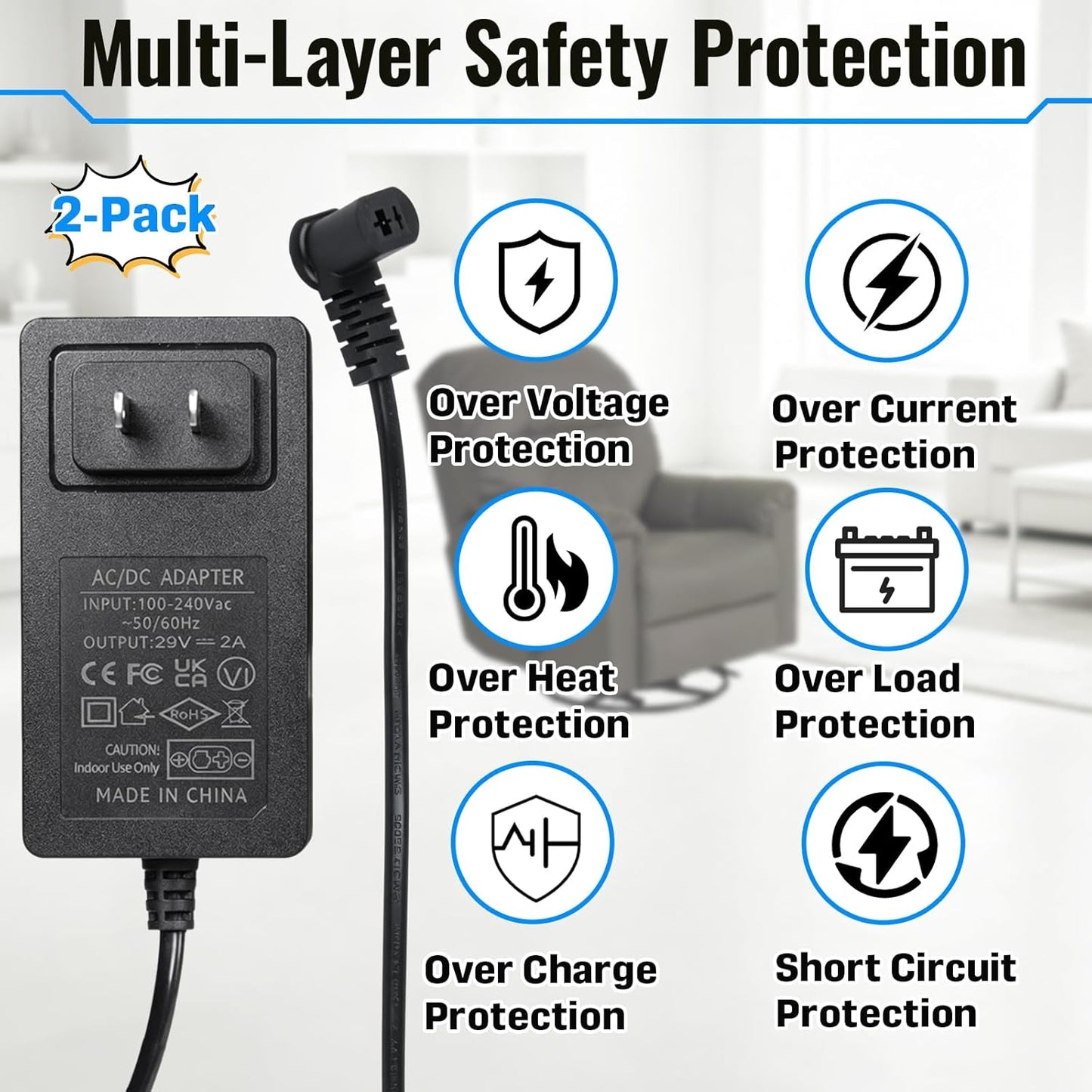 2 Pack 29V 2A AC/DC Electric Recliner Power Supply Replacement with 2-Pin Connector, Universal Adapter for Lift Chair Sofa, Compatible with OKIN Limoss ZB-H290020A-C ZBPOWER FS2900-2000