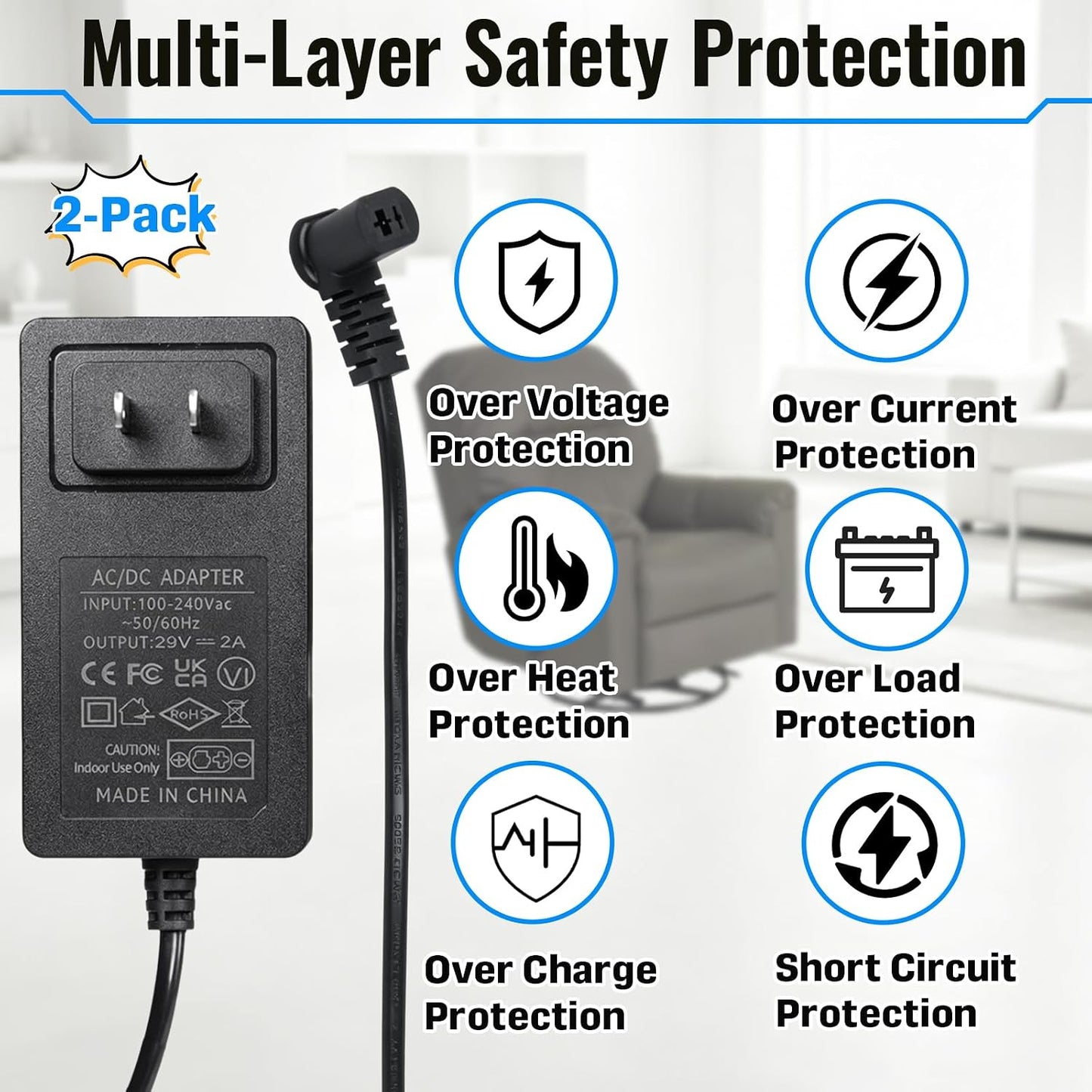 2 Pack 29V 2A AC/DC Electric Recliner Power Supply Replacement with 2-Pin Connector, Universal Adapter for Lift Chair Sofa, Compatible with OKIN Limoss ZB-H290020A-C ZBPOWER FS2900-2000