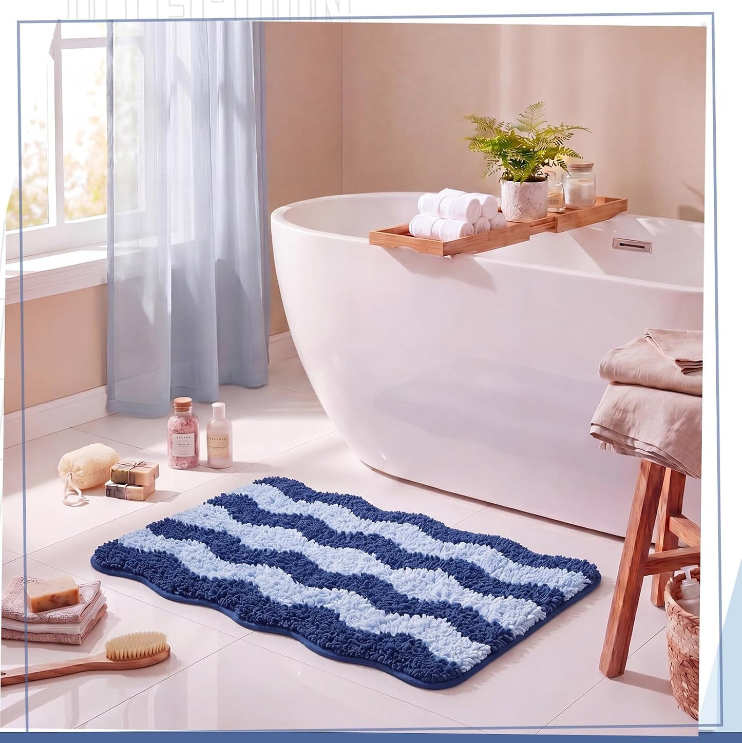 Nuanchu Cute Scalloped Bathroom Rug, Plush Tufted Absorbent Soft Wave Striped Bath Mat 24"x16", Non-Slip Washable Floor Carpet for Bathroom Bedroom Kitchen(Cobalt Blue & Sky Blue)