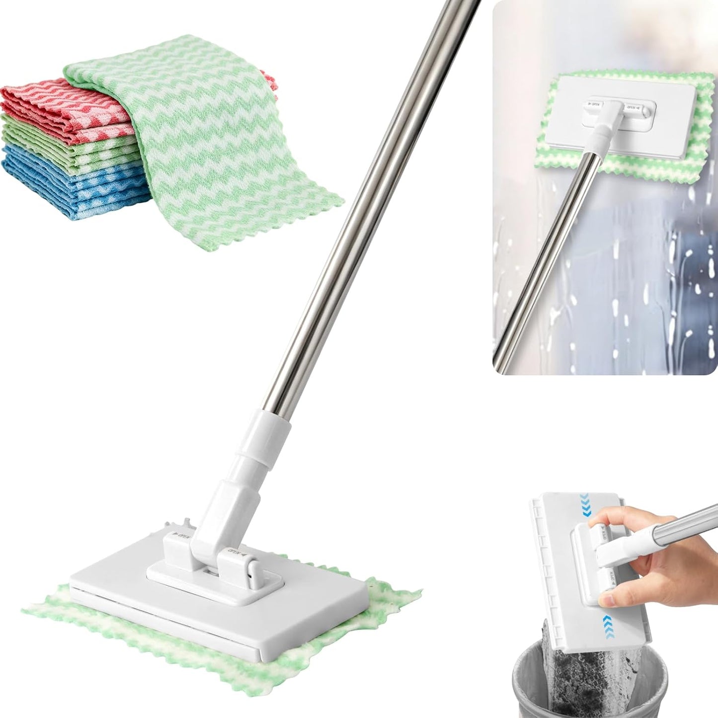 Upgraded Zero Touch Snap Grip Mini Mop, Hands Free Push Pull Handle, Easy Cloth Change Portable Cleaner for Kitchen Bathroom Car, 1 Mop & 10 Reusable Washable Cloths