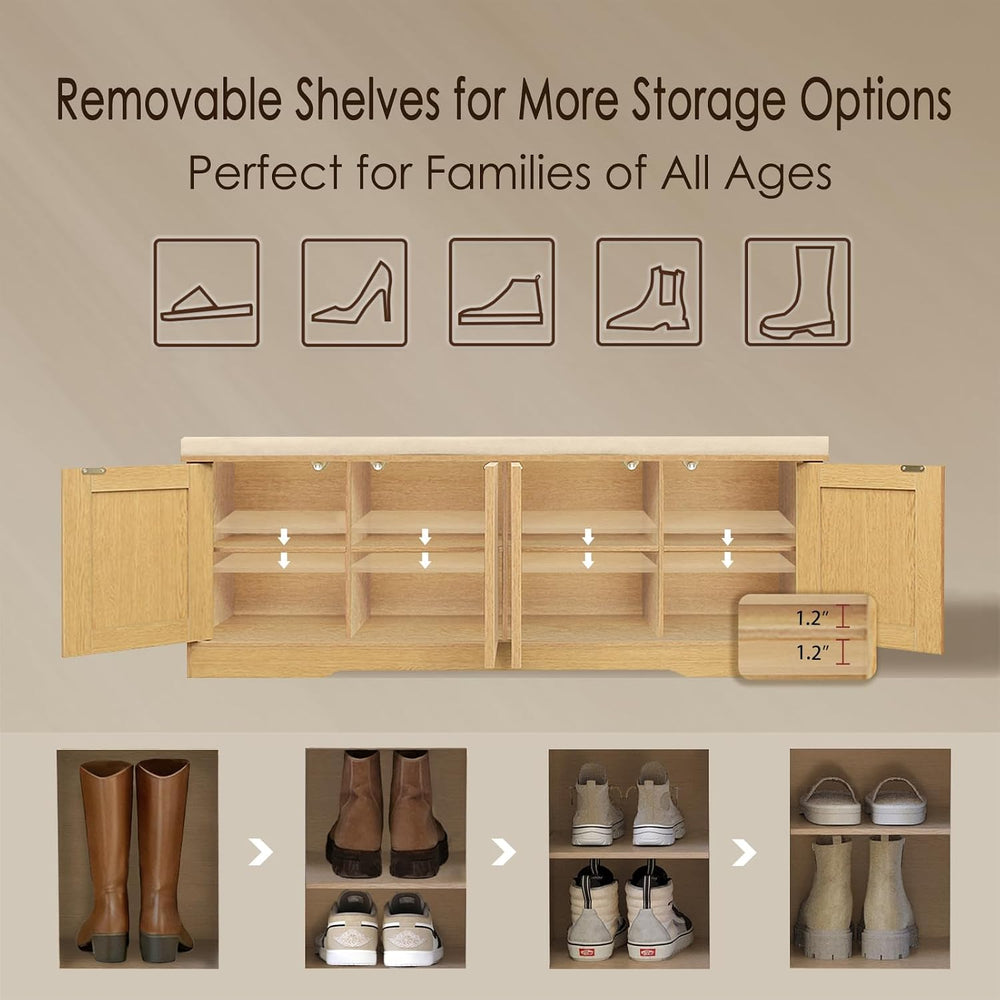 DINZI LVJ Shoe Storage Bench with Cushion, Door, Natural Oak 47.2" LX17.7 H