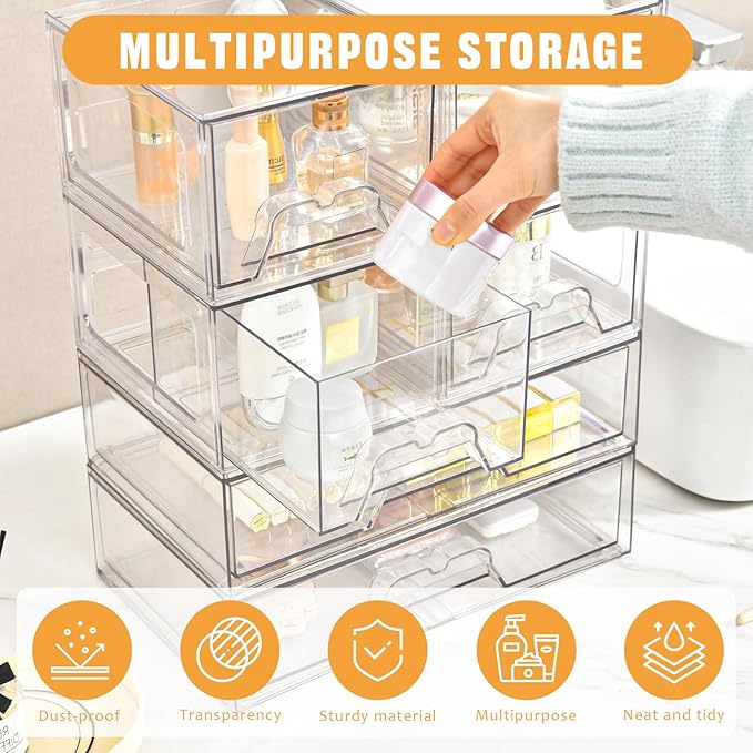 3 Pack Stackable Storage Drawers Clear Acrylic Organizer Makeup Bathroom - Image 4