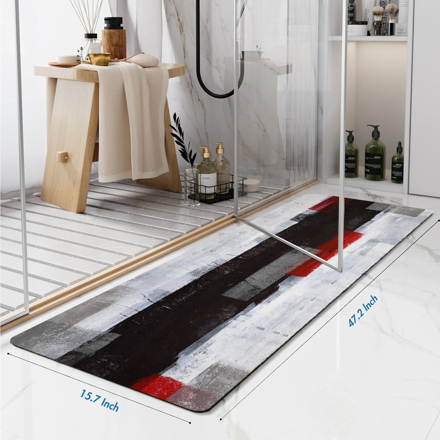 Extra Long Bath Runner Rug, Black and Grey Red Abstract Art, Non Slip with Rubber Backing, Thin Absorbent Quick Dry, Bath Mats for Bathtub Bathroom, 15.7x47.2 Inch