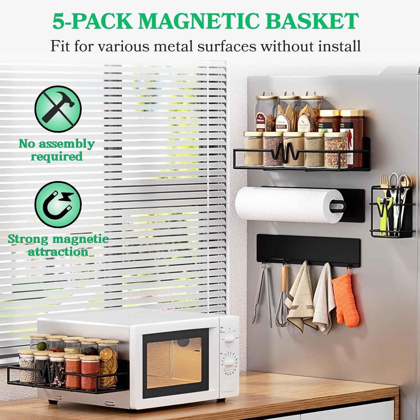 5-Pack Magnetic Spice Rack for Refrigerator, Black | Heavy Duty Magnetic Shelf, Paper Towel Holder Included, Utensils Racks & Hook Rail, Home Kitchen Laundry Room RV Storage