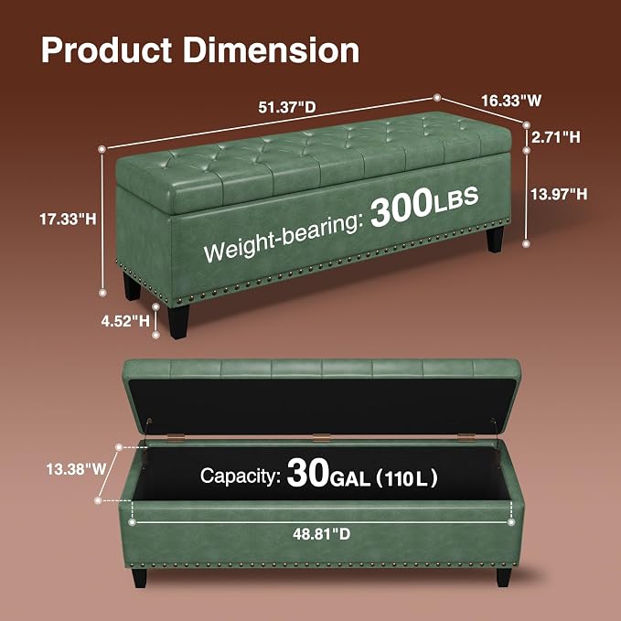 Storage Ottoman Bench, 51-Inch Large Storage Bench - Image 2